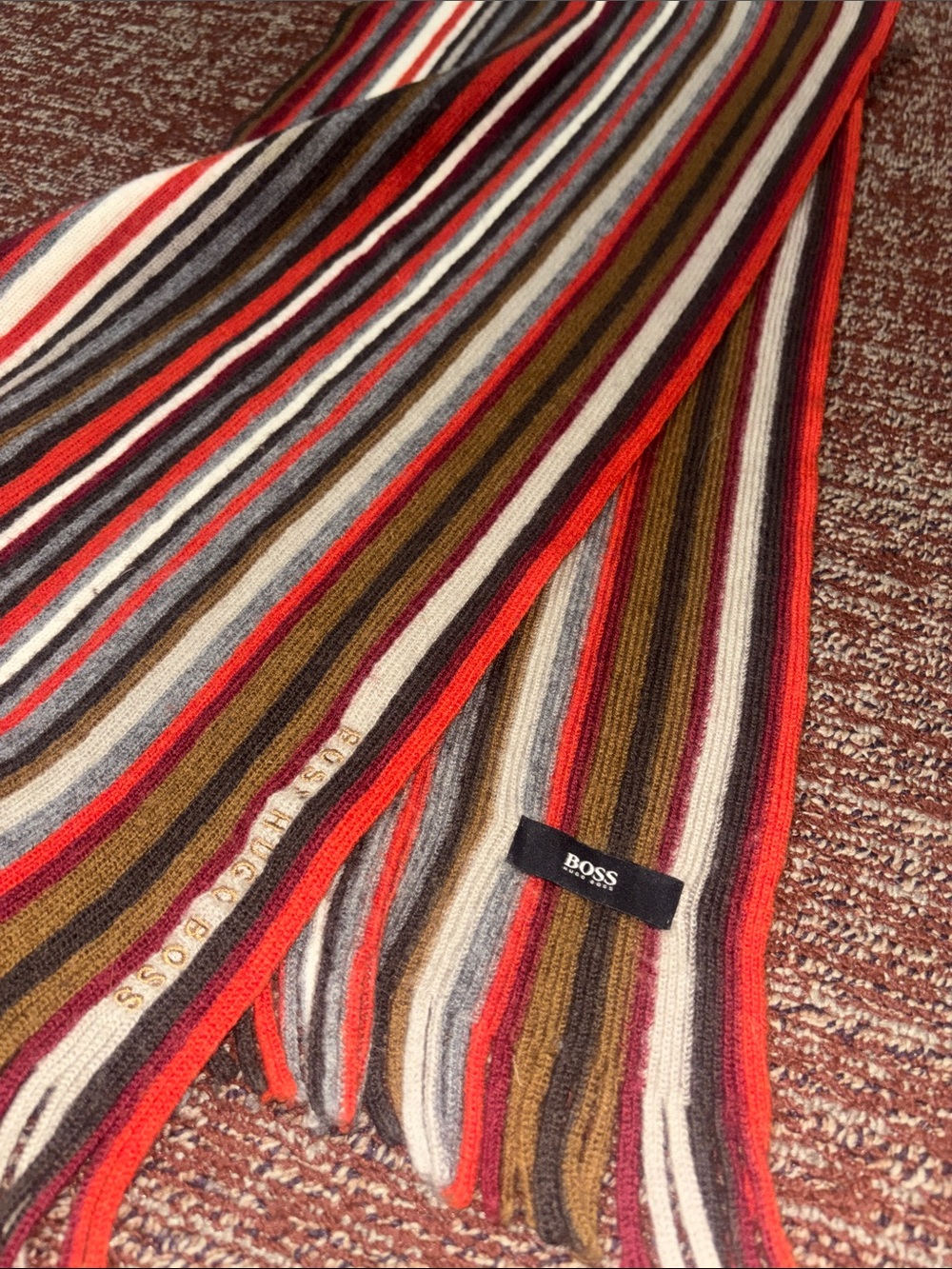 Hugo Boss wool scarf neutral stripe vintage colors fringe classic fall scarf